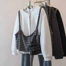 批发实拍大码洋气显瘦拼接T恤女春季新款胖mm设计感假两件百搭上衣