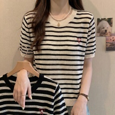 批发实拍大码条纹冰丝女夏季新款时尚洋气刺绣钉珠薄款短袖T恤上衣