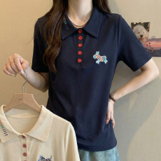 批发实拍大码重工刺绣POLO领短袖T恤夏季新款显瘦洋气冰丝针织上衣女