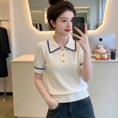 批发实拍大码女装设计感白色POLO领短袖T恤夏季新款时尚独特百搭上衣