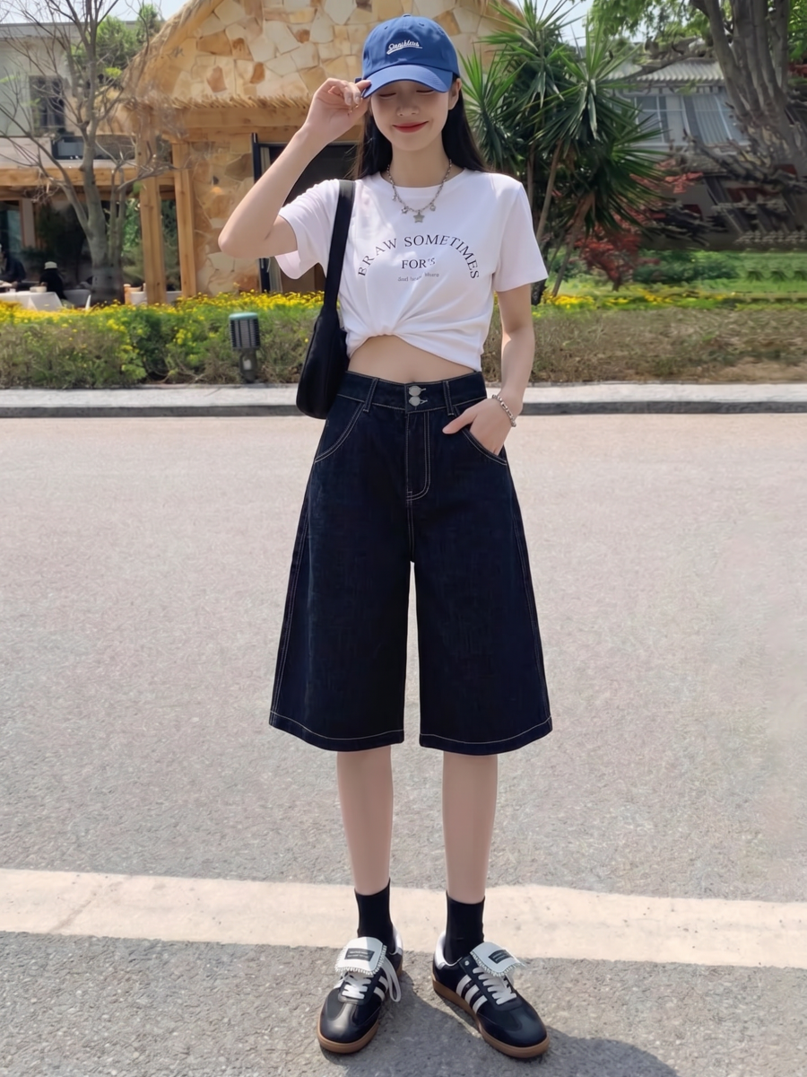 실사 빅 사이즈 하이웨이스트 넓은 후퇴 청바지 2026 여름 새로운 루즈핏 슬림해 보이는 다용도 캐주얼 5 점 스트레이트 팬츠