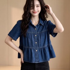 批发大码复古翻领短袖牛仔衬衫女宽松显瘦设计感衬衣夏季新款百搭上衣