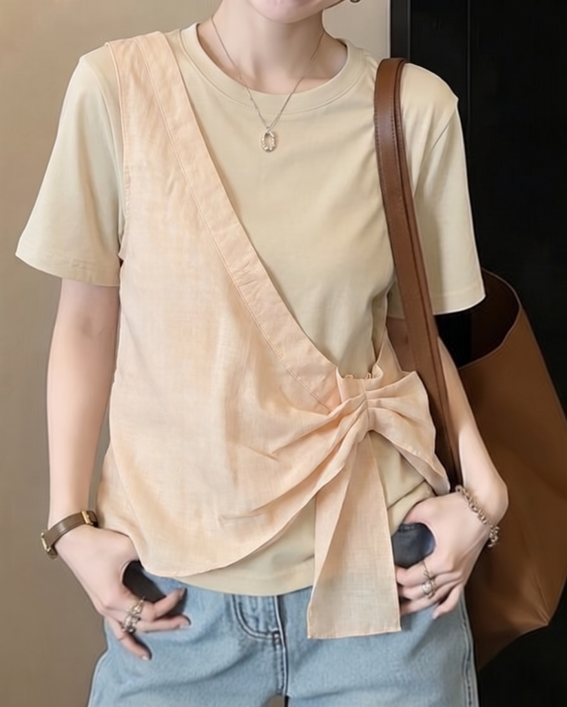 실사 빅 사이즈 여성 의류 디자인 센스 페이크 레이어드 패치워크 반팔 티셔츠 여름 새로운 불규칙 다용도 맨위