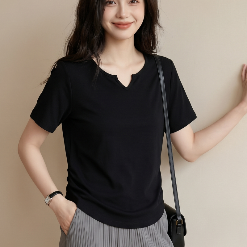 실사 정가 빅 사이즈 디자인 센스 브이넥 티셔츠 여성 지방 mm 허리 수축 주름 반팔 차가운 센스 여름 드레스 맨위