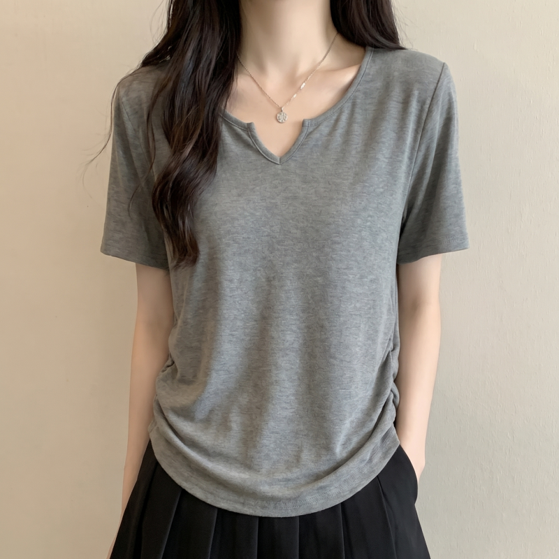 실사 정가 빅 사이즈 디자인 센스 브이넥 티셔츠 여성 지방 mm 허리 수축 주름 반팔 차가운 센스 여름 드레스 맨위