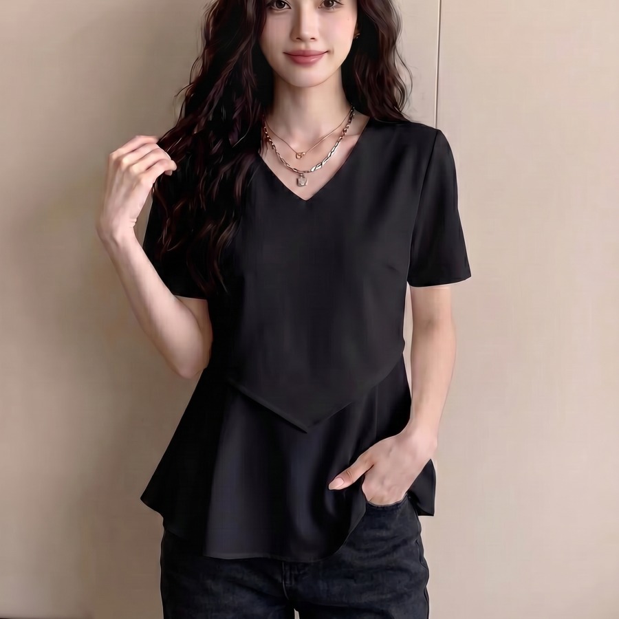 실사 빅 사이즈 디자인 센스 슬림해 보이는 불규칙 치마 맨위 여성 여름 새로운 표지 고기 다용도 긍정적 인 어깨 반팔