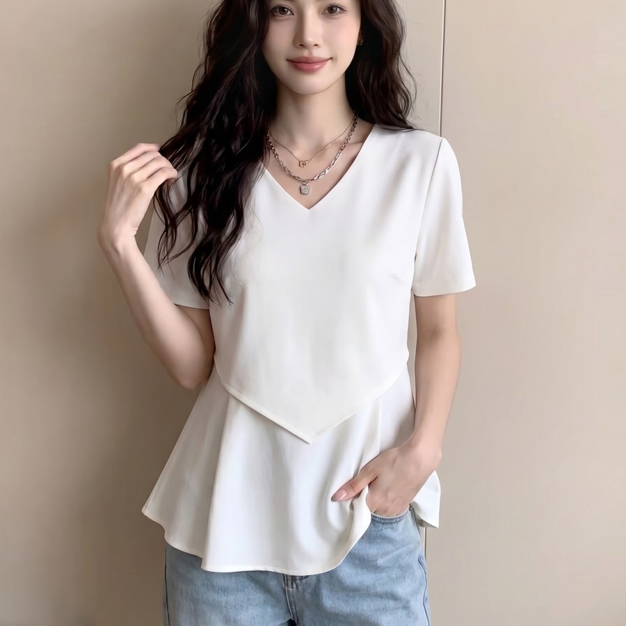 실사 빅 사이즈 디자인 센스 슬림해 보이는 불규칙 치마 맨위 여성 여름 새로운 표지 고기 다용도 긍정적 인 어깨 반팔