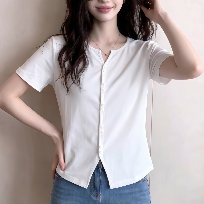 실사 빅 사이즈 여성 의류 긍정적 인 어깨 반팔 여름 새로운 티셔츠 외국 가스 슬림해 보이는 고유 한 Chic 다용도 맨위