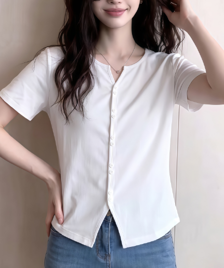 실사 빅 사이즈 여성 의류 긍정적 인 어깨 반팔 여름 새로운 티셔츠 외국 가스 슬림해 보이는 고유 한 Chic 다용도 맨위