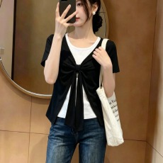 批发大码女装设计感飘带撞色拼接假两件短袖T恤夏季休闲简约显瘦上衣
