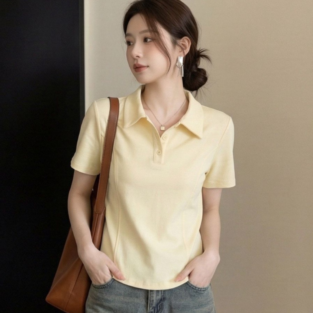 디자인 센스 POLO 칼라 반팔 티셔츠 여성 여름 새로운 표지 고기 연령 감소 폴로 칼라 다용도 불규칙 슬림해 보이는 맨위