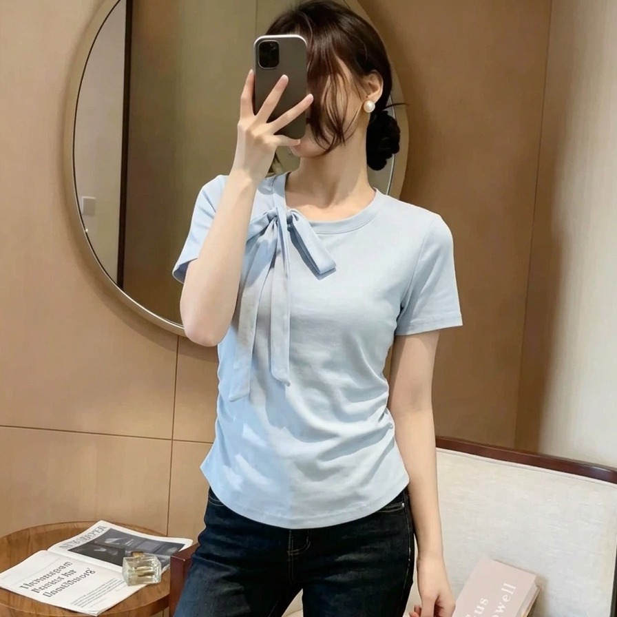 빅 사이즈 디자인 센스 긍정적 인 어깨 허리 수축 펌프 Pleat 반팔 티셔츠 여성 여름 새로운 레이스업 외국 가스 다용도 슬림해 보이는 맨위