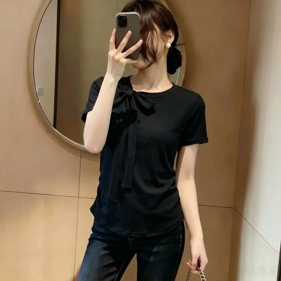 빅 사이즈 디자인 센스 긍정적 인 어깨 허리 수축 펌프 Pleat 반팔 티셔츠 여성 여름 새로운 레이스업 외국 가스 다용도 슬림해 보이는 맨위