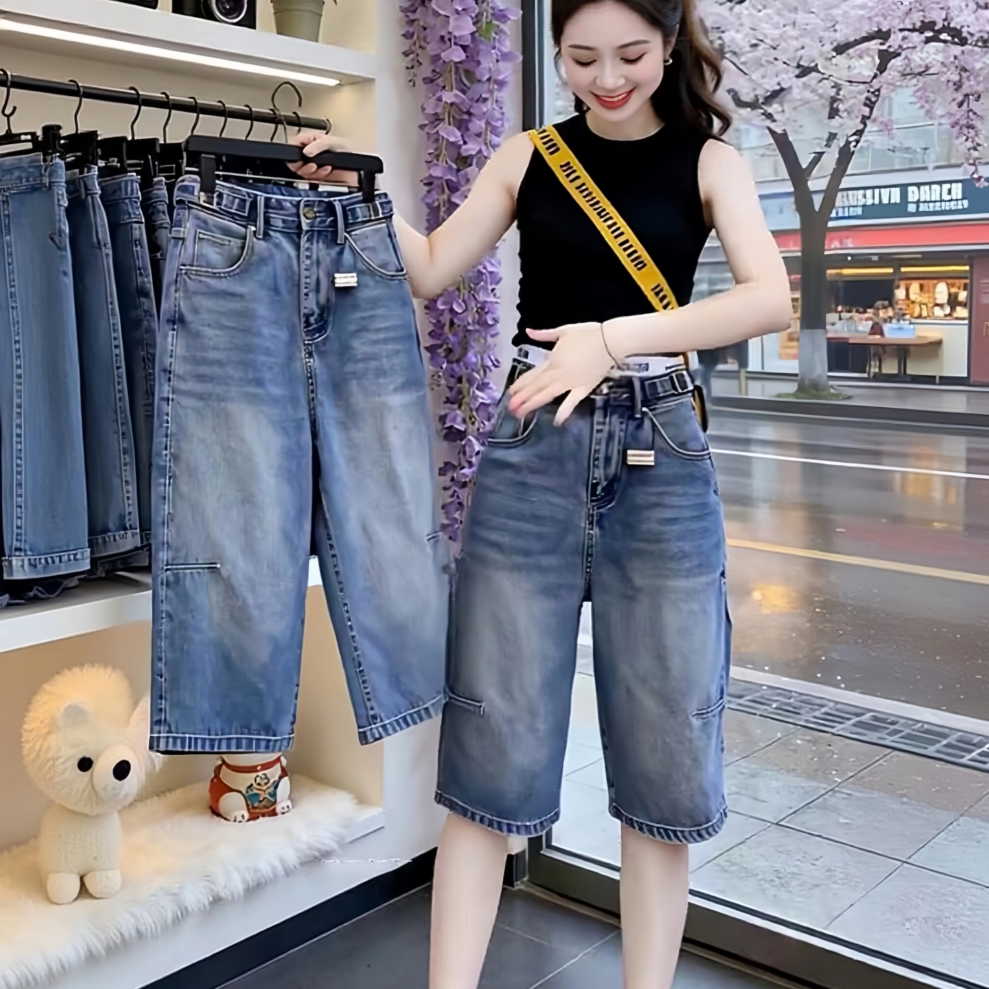 빅 사이즈 여성 의류 레트로 한 마디 5 점 데님 반바지 여름 지방 mm 루즈핏 하이웨이스트 슬림해 보이는 스트레이트 넓은 다리 바지