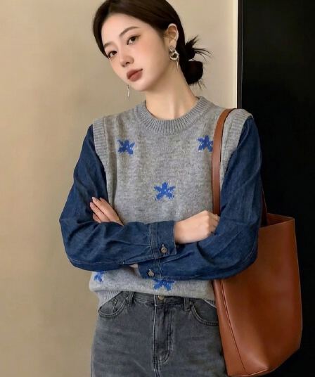 실사 빅 사이즈 패션 데님 패치워크 라운드 넥 짠 셔츠 여성 가을 겨울 새로운 디자인 센스 스웨터 슬림해 보이는 다용도 맨위