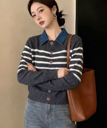 실사 빅 사이즈 니트 오픈 가디건 스웨터 여성 코트 가을 겨울 새로운 지방 mm 슬림해 보이는 페이크 레이어드 데님 패치워크 맨위
