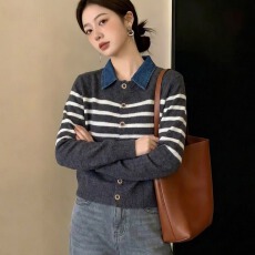 批发实拍<b class='q'>大码</b>针织开衫毛衣<b class='q'>外套</b>女秋冬新款胖mm显瘦假两件<b class='q'>牛仔</b>拼接上衣