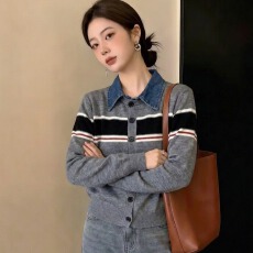 批发实拍<b class='q'>大码</b>时尚<b class='q'>牛仔</b>拼接连帽针织衫女秋冬新款设计感显瘦毛衣<b class='q'>外套</b>