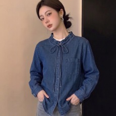 批发实拍大码早秋新款立领系带<b class='q'>牛仔</b><b class='q'>衬衫女</b>设计感宽松显瘦百搭气质衬衣