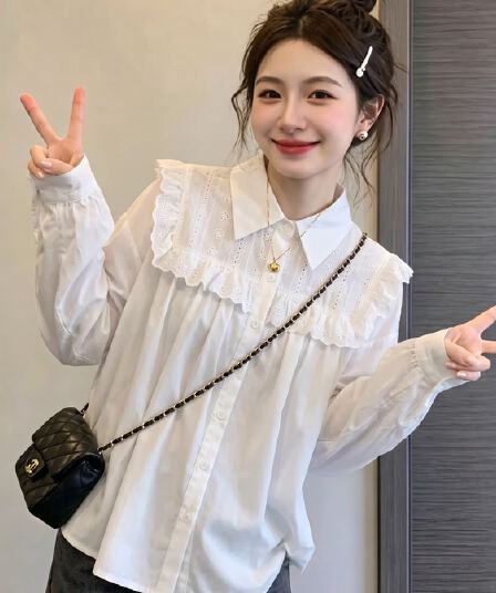 실사 빅 사이즈 여성 의류 디자인 센스 레이스 측면 패치워크 셔츠 2026 가을 새로운 루즈핏 슬림해 보이는 다용도 셔츠