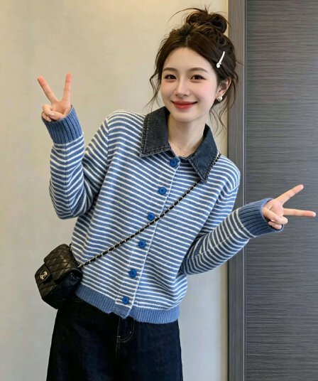 실사 빅 사이즈 이른 가을 새로운 고급 센스 데님 셔츠 칼라 니트 오픈 가디건 여성 코트 슬림해 보이는 다용도 맨위