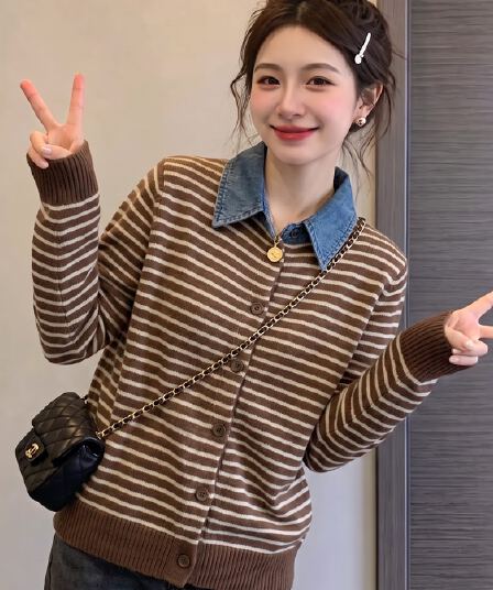 실사 빅 사이즈 이른 가을 새로운 고급 센스 데님 셔츠 칼라 니트 오픈 가디건 여성 코트 슬림해 보이는 다용도 맨위