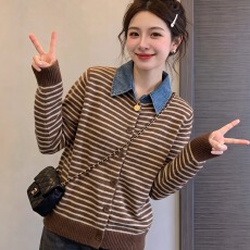 批发实拍大码早秋新款高级感<b class='q'>牛仔</b>衬衫领针织开衫外套女显瘦百搭上衣