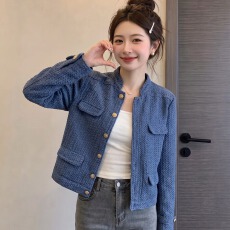 批发实拍大码2026秋季新款肌理感牛仔小香风外套女蓝色立领夹克上衣