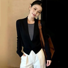 批发大码女装收腰假两件上衣女2026<b class='q'>秋</b>季新款设计感短款长袖T恤衫