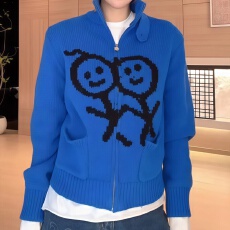 批发大码女装火柴人刺绣立领针织开衫2026秋季新款慵懒风百搭毛衣<b class='q'>外套</b>