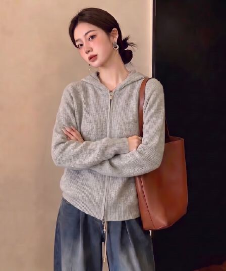 실사 빅 사이즈 여성 의류 가을 겨울 새로운 후아 남편 그리드 후드 니트 오픈 가디건 루즈핏 슬림해 보이는 다용도 스웨터 코트
