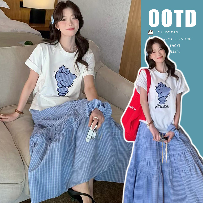 지금 여름 신제품 kt 고양이 프린트 t 보내기 헤드 플라워 체크무늬 돼지 코 버클 반신 스커트 투피스 세트 출산 착용