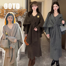 批发xian货 秋冬新款纯色交叉披肩时尚设计感轻奢针织套装（没胸花）