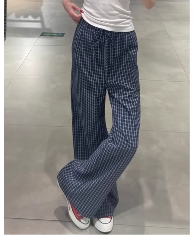 2026 새로운 빅 사이즈 파란색 한국 스타일 프릴 체크무늬 캐주얼 바지 여성 새로운 스트레이트 하이웨이스트 슬림해 보이는 바지