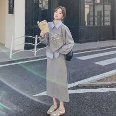 批发灰色休闲三件套女2026春季新款亮片蝴蝶结卫衣<b class='q'>条纹</b><b class='q'>衬衫</b>半身裙套装