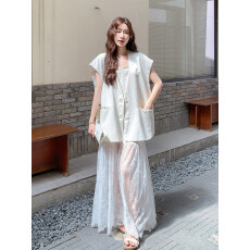 批发巨好看蕾丝拼接吊带裙套装女夏法式高级感独特气质<b class='q'>西装</b>马甲两件套