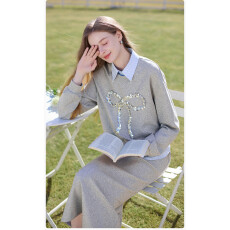 批发灰色蝴蝶结<b class='q'>卫衣</b>套装女2026春季新款假两件上衣裙子休闲三件套