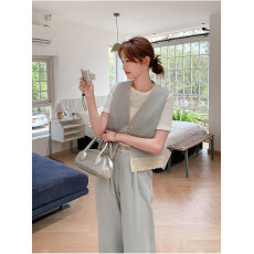 批发浅蓝色时尚小香风马甲套装女2026新款夏季气质蕾丝拼接长裤三件套