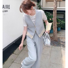 批发浅蓝色时尚小香风马甲套装女2026新款夏季气质蕾丝拼接长裤两件套