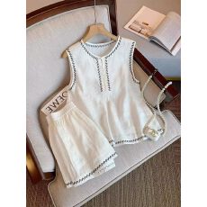 批发老钱风刺绣亚麻<b class='q'>套装</b>女夏简约气质<b class='q'>休闲</b>背心+短裤两件套