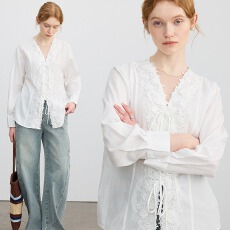 批发法式V领系带蕾丝<b class='q'>刺绣</b>提花<b class='q'>衬衫</b>女长袖早春新款设计感气质休闲上衣