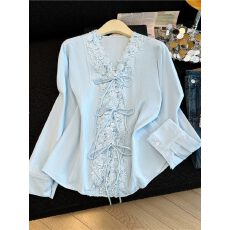 批发法式V领系带蕾丝<b class='q'>刺绣</b><b class='q'>衬衫</b>女春夏宽松显瘦小衫设计感气质休闲上衣