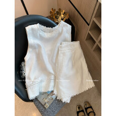 批发新中式白色花边刺绣亚麻背心套装女夏2025新款简约休闲短裤两件套