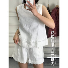 批发欧洲站漂亮<b class='q'>蕾丝</b>拼接亚麻套装2026新款夏季穿搭一整套背心<b class='q'>短裤</b>