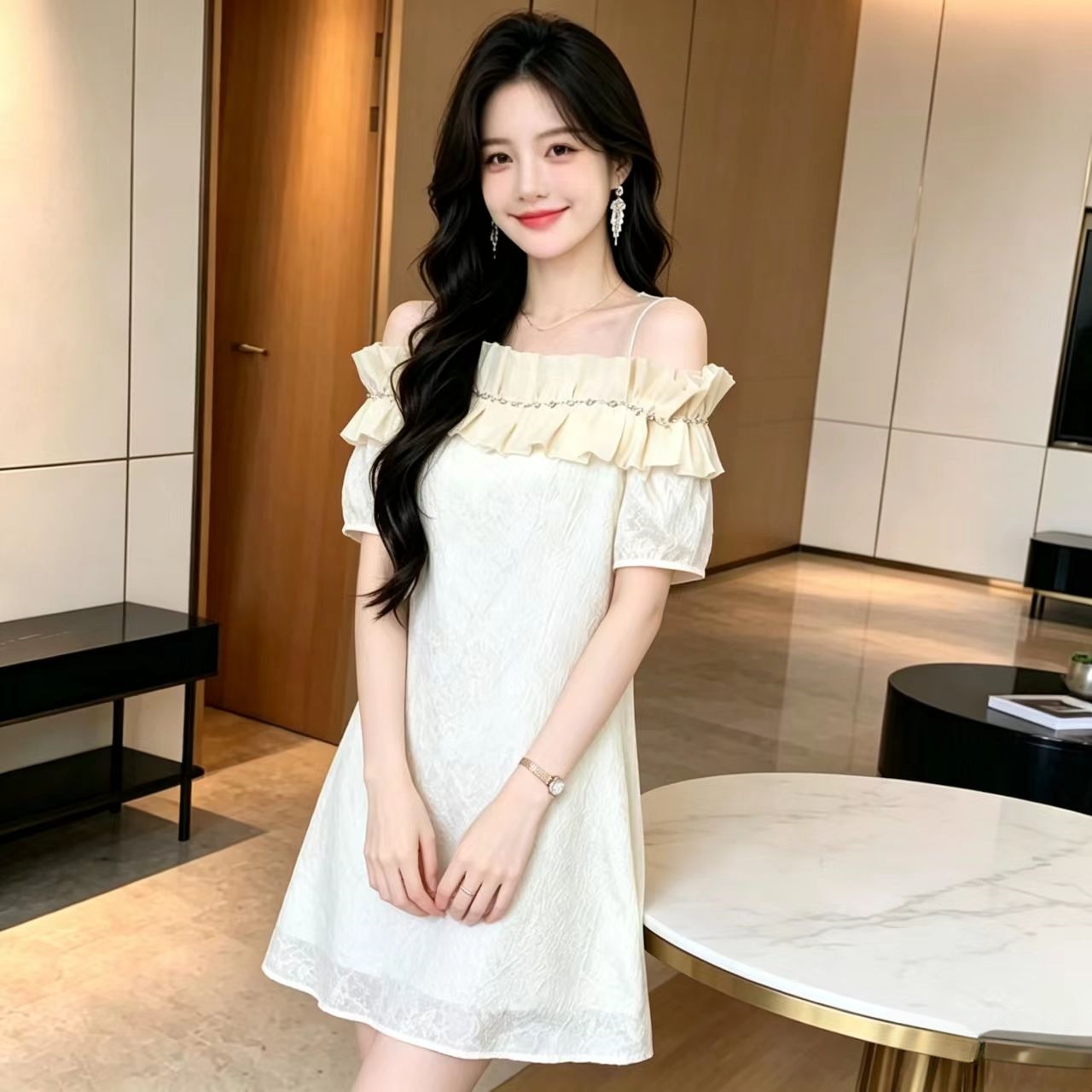 반팔 프릴 오프숄더 여성 드레스 2026 여름 패션 패치워크 망사 디자인 센스 루즈핏 스트레이트 치마