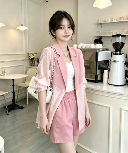 2026 새로운 한국 스타일 패션 세트 여성 여름 정장 칼라 자외선 차단 정장 재킷 품격 슬림해 보이는 반바지 투피스 세트