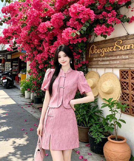 새로운 중식 중국풍 세트 드레스 여성 여름 2026 새로운 자카드 단추 맨위 트임 타이트 스커트 투피스 세트
