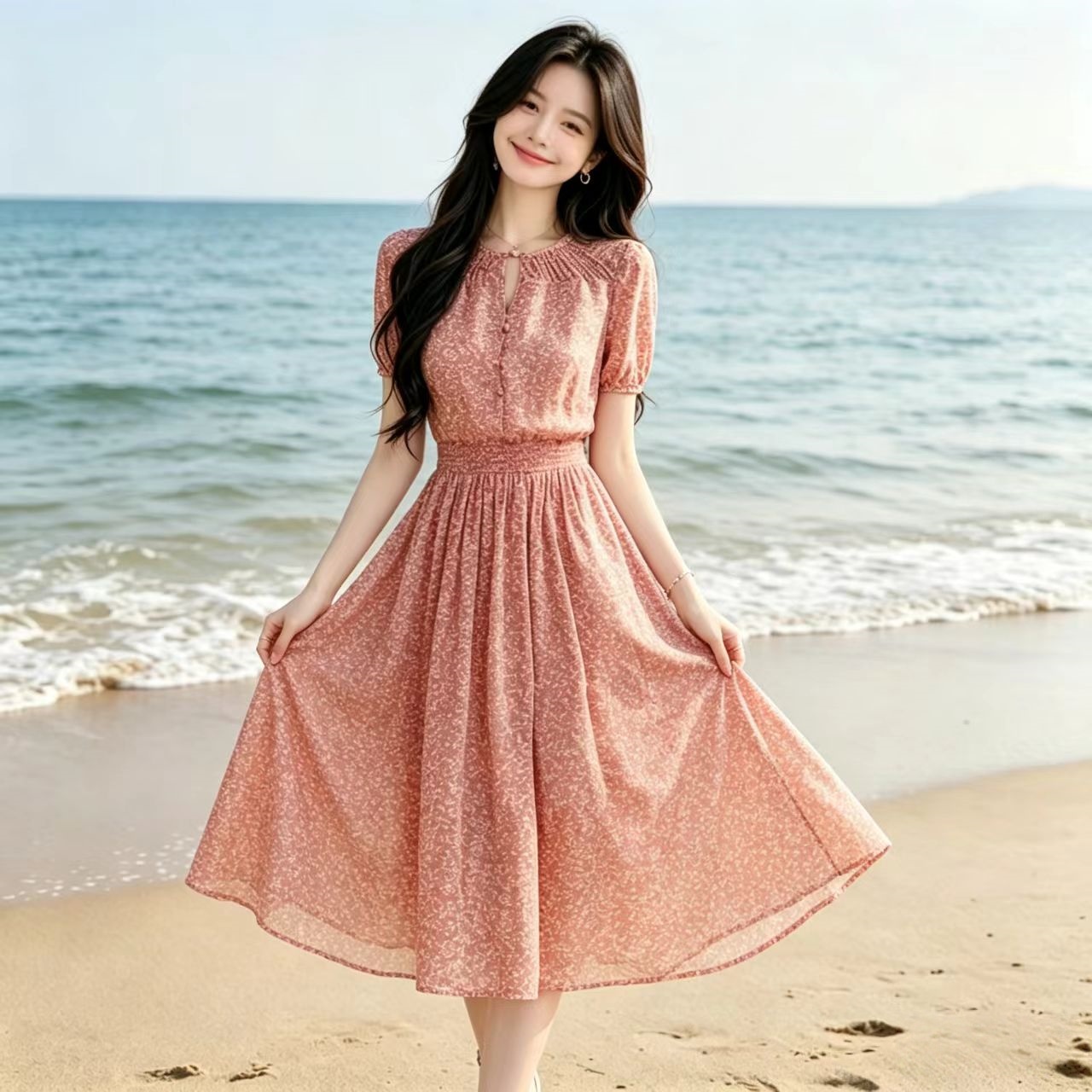 명나라 생각하기 중간 길이 반팔 꽃무늬 여성 드레스 여름 2026 새로운 품격 연령 감소 허리 수축 쉬폰 스커트 투피스 세트