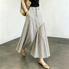 批发竖<b class='q'>条纹</b>不规则<b class='q'>半身裙</b>女夏季设计感高腰显瘦A字长裙