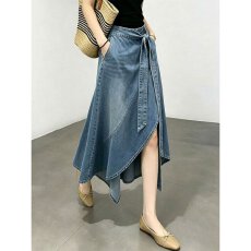 批发蓝色不规则牛仔半身裙女夏季新品高腰绑带A字裙<b class='q'>通勤</b>气质中长款
